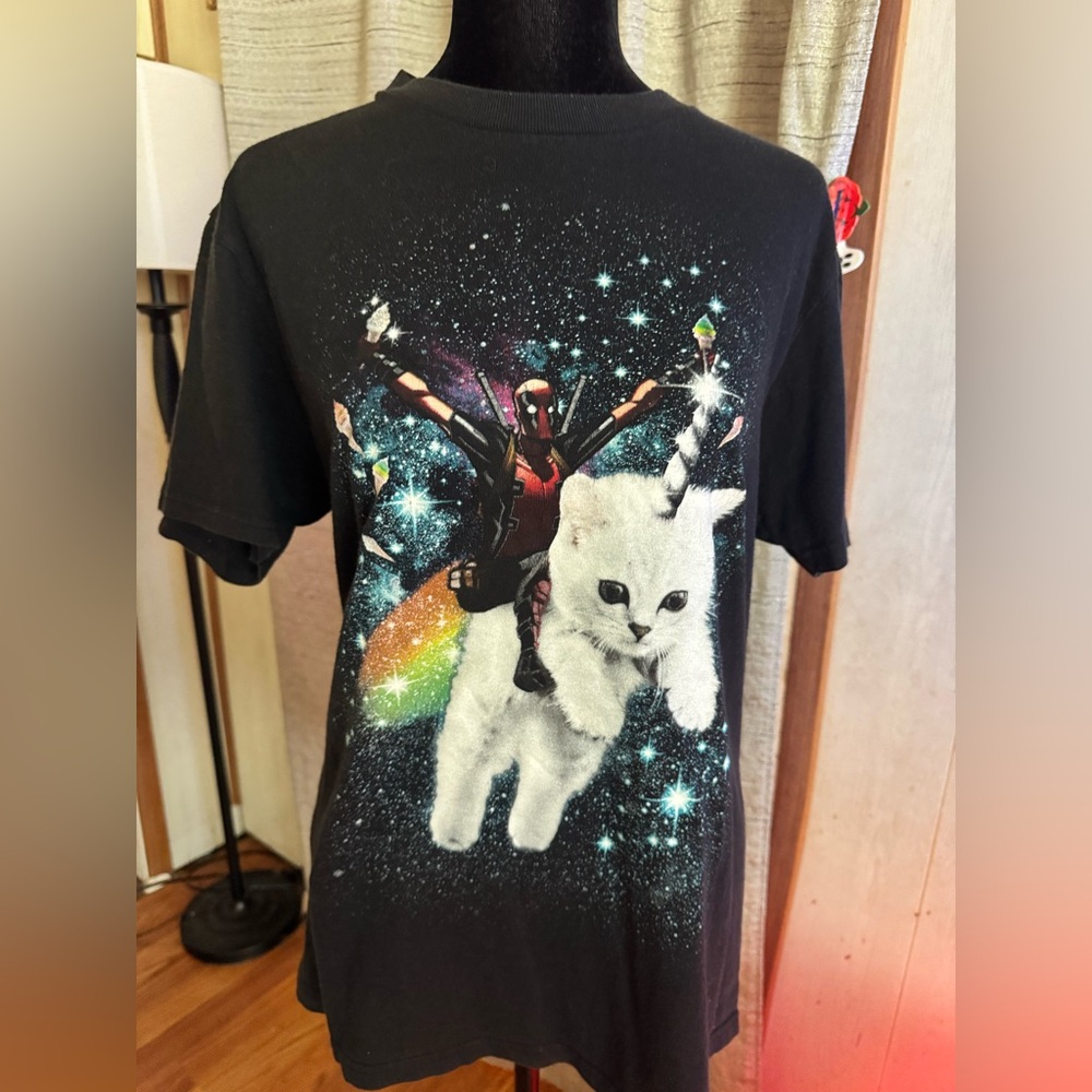 Marvel Black Graphic Tee with Cat and Superhero